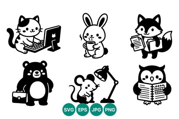 Cute Animal Characters Black White