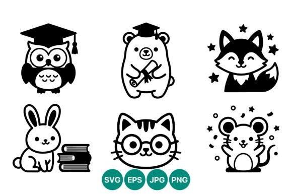 Cute Animal Graduation Icons Vector Set