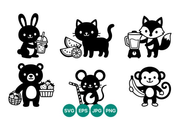 Cute Animals Black White Vector
