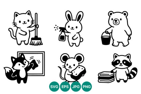 Cute Animals Cleaning Chores Vector