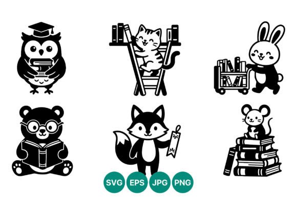 Cute Animals Reading Books Vector Set