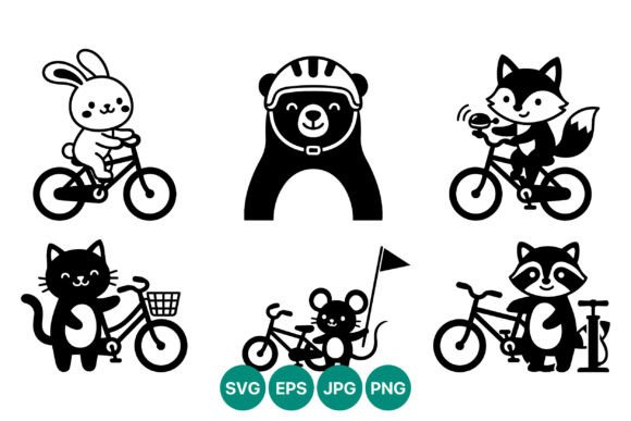 Cute Animals Riding Bikes Black White