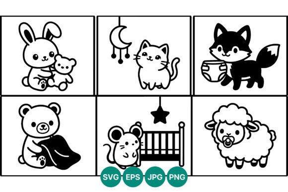 Cute Baby Animal Black White Vector Line
