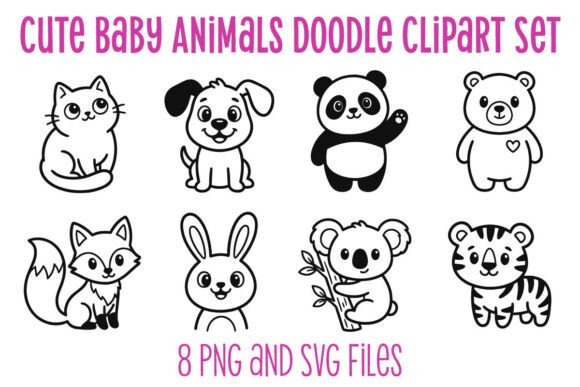 Cute Baby Animals Doodle Clipart Set