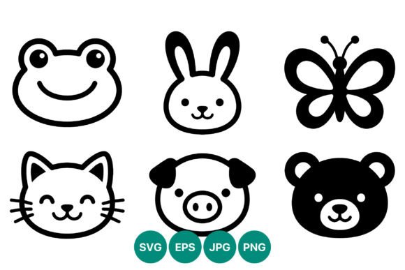 Cute Black White Animal Faces Vector Set