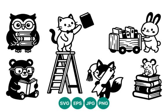 Cute Black White Cartoon Animals Reading
