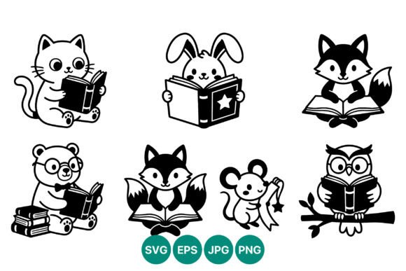 Cute Cartoon Animals Reading Books
