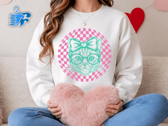 Cute Cat with Glasses and Bow Retro Pink