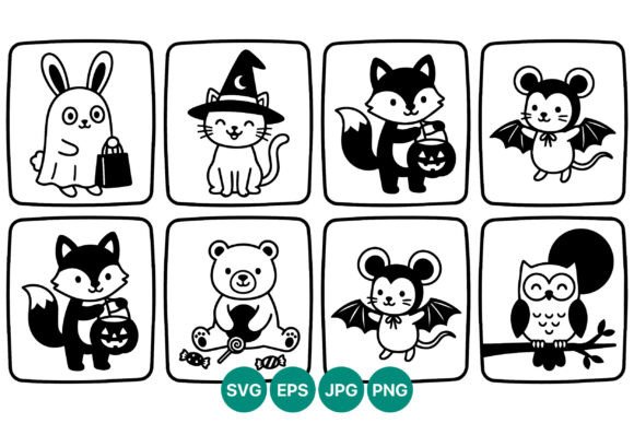 Cute Halloween Animals Line Art Vector