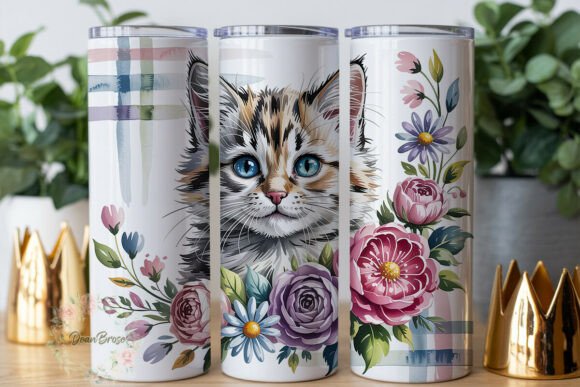 Fluffy Cat Floral Plaid Tumbler