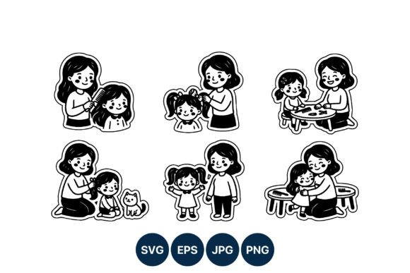 Mother and Daughter Black White Line Art