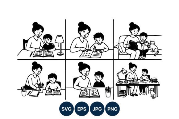 Mother and Son Homework Time Vector Art