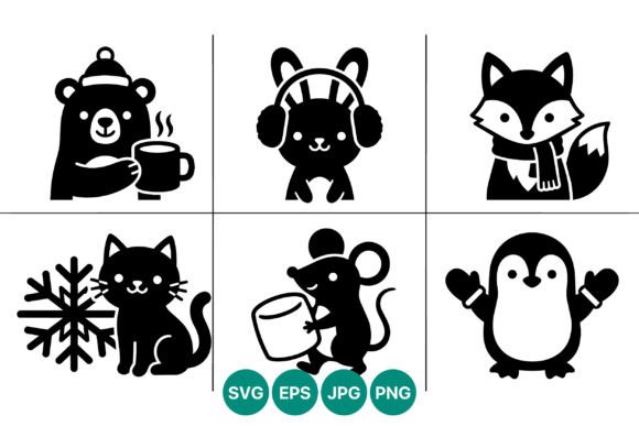 Winter Animal Icons Black and White Cute